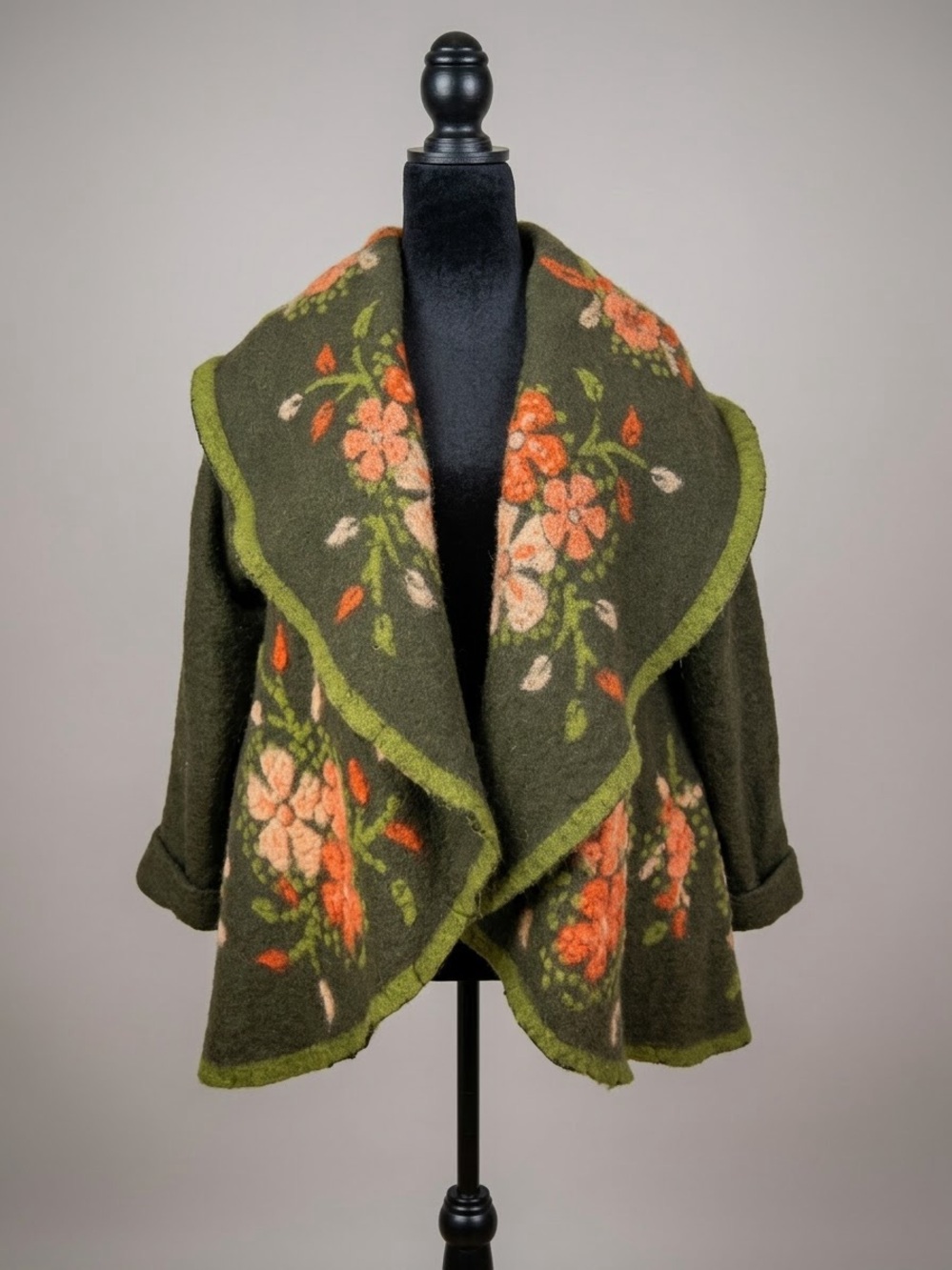 Olive Green Floral Wool-Blend Open Drape Cape Jacket, made in Italy